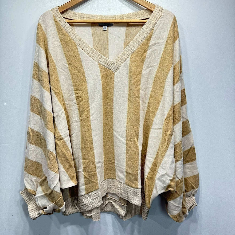 White Birch Soft Fleece Pullover Tan & Cream Striped V Neck Batwing Long Sleeve